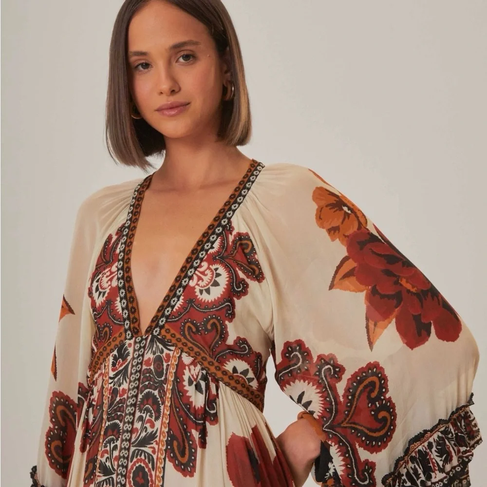 FARM Rio Cream Maxi Dress with Rust and Brown Floral Print - Picture 3 of 4